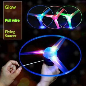 Kids Pull String Luminous Flying Saucer Spinning Light Up Outdoor Toy
